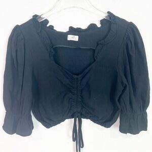 LELASILK BLACK CROP ELBOW SLEEVE V-NECK BLOUSE WOMENS SZ SMALL
